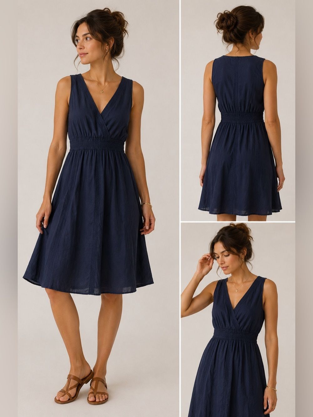 Eddie Bauer Navy Low V Neck Fit & Flare Midi 100% Cotton Dress Sz 12 Lined